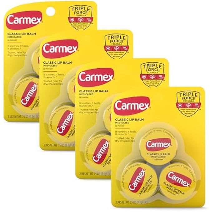 CARMEX MEDICATED LIP BALM JAR, LIP MOISTURIZER FOR DRY, CHAPPED LIPS, 0.25 OZ - (4 PACKS OF 3) - Image 1